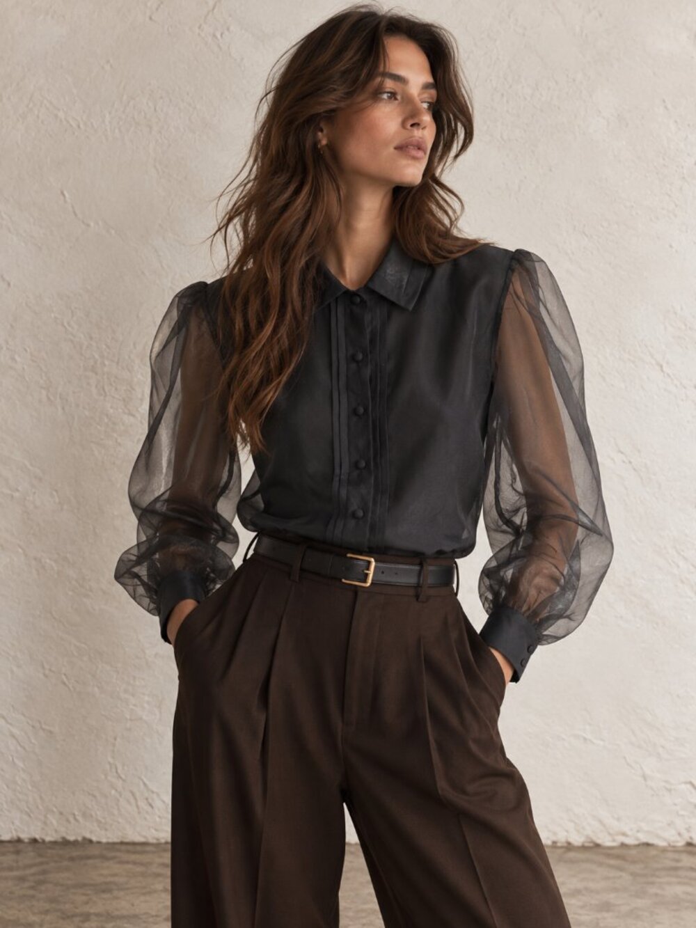 Vintage Black Blouse with Sheer Puff Sleeves | 80s 90s Cimone